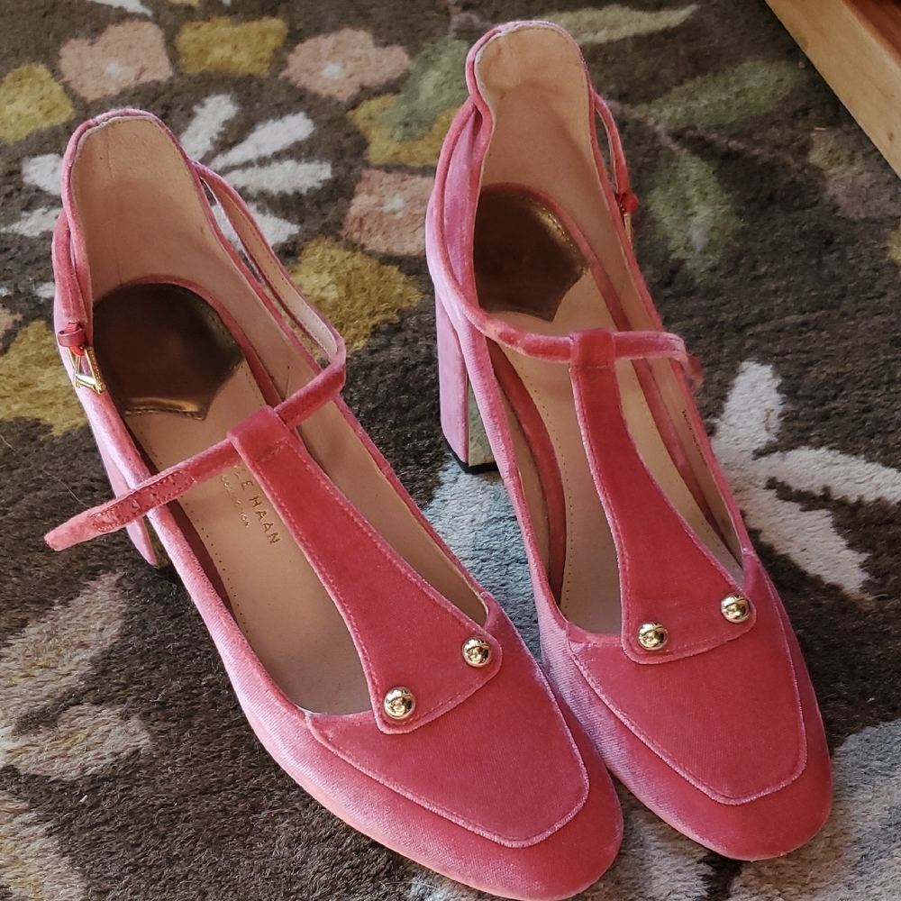 Cole Haan Pink T-Strap Heels with Gold Accents 8